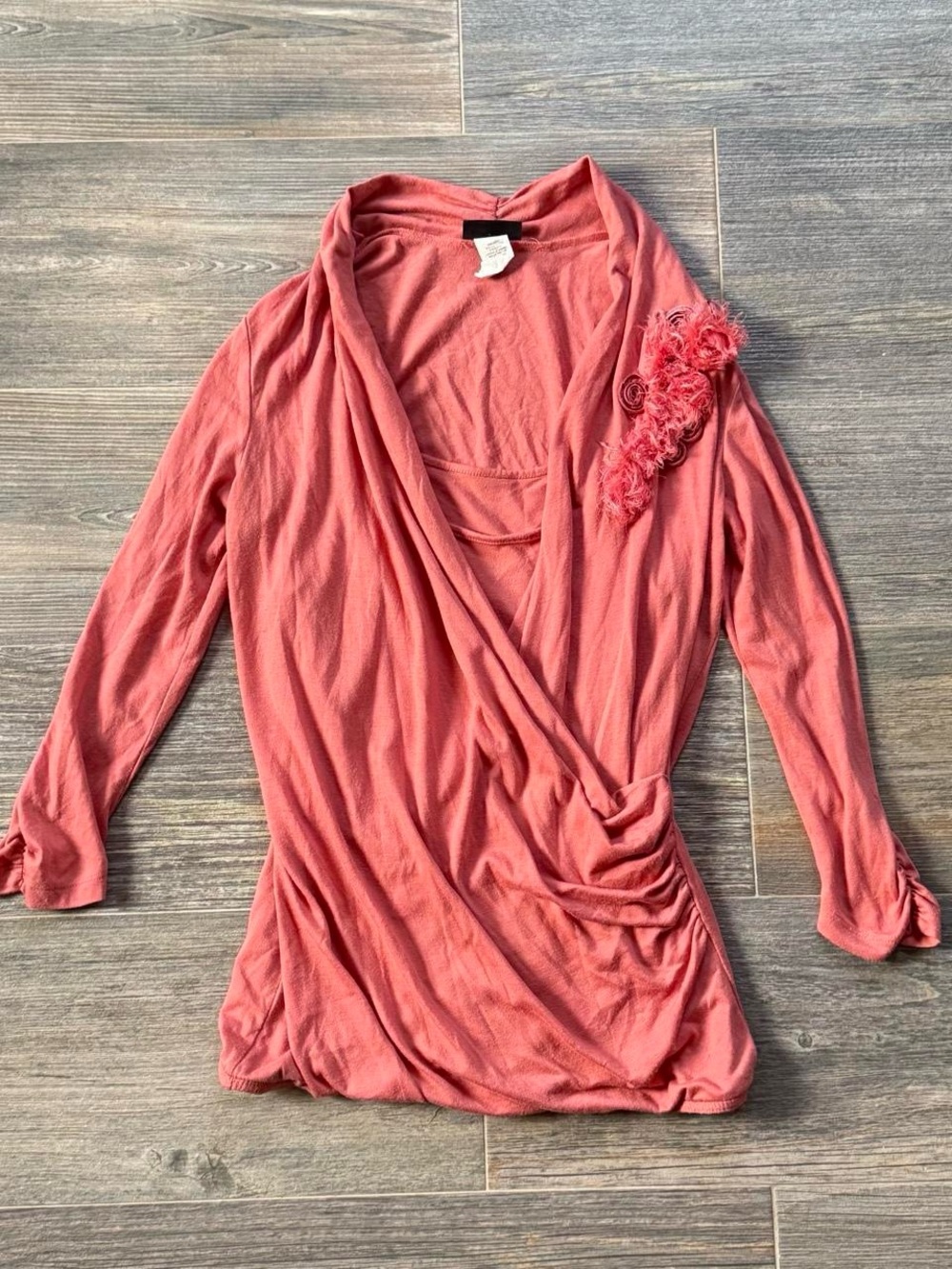 Vintage Fairy Boho Coral Pink Wrap-Front Long Sleeve floral rose appliqué